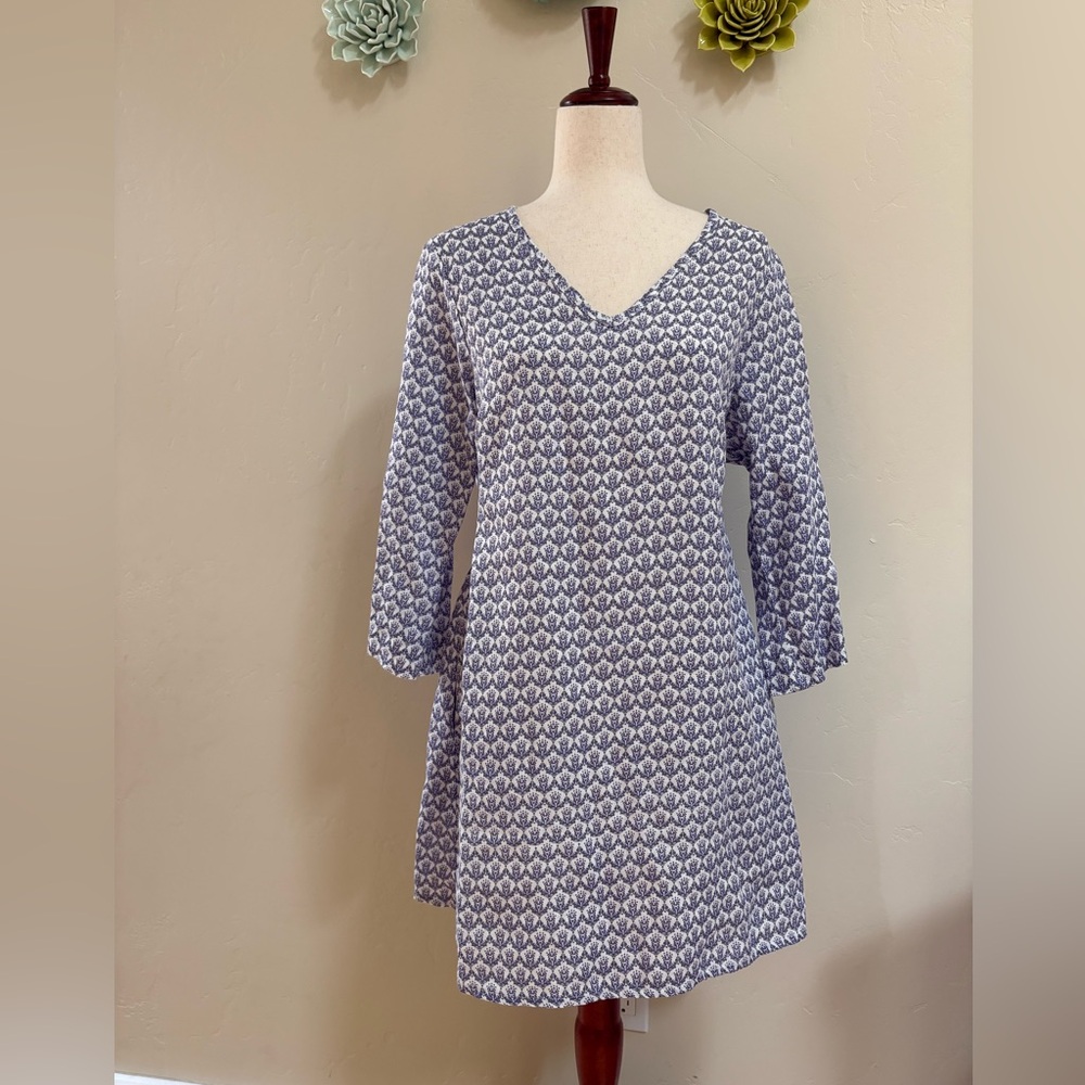 FLAX Linen Blue and White V-Neck Patterned Tunic Mini Dress w pockets lavender S